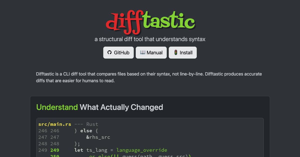 Difftastic: structural diff that understands syntax | Ryan Orban