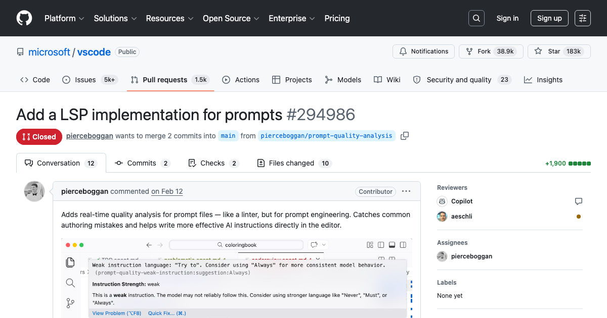VS Code PR: LSP linting for AI prompt files | Ryan Orban